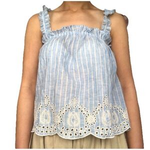 Zara Blue White Striped Eyelet Lace Crop Top Ruffle Strap Linen Blend XS